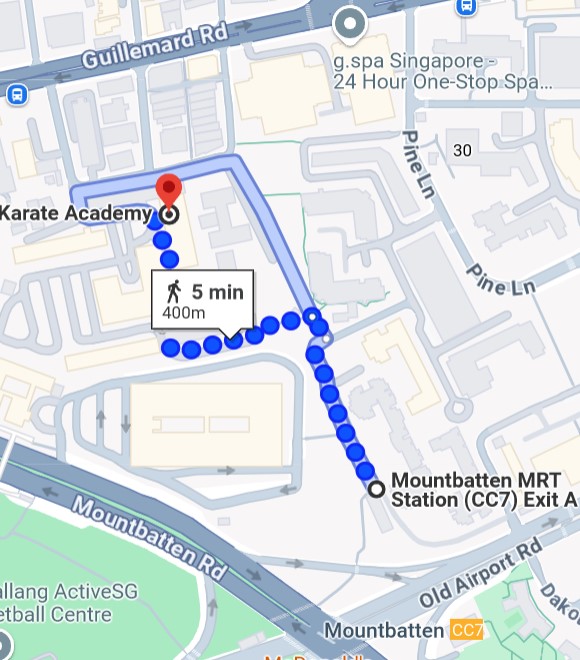 Walking route from Mountbatten MRT Exit A to The Karate Academy